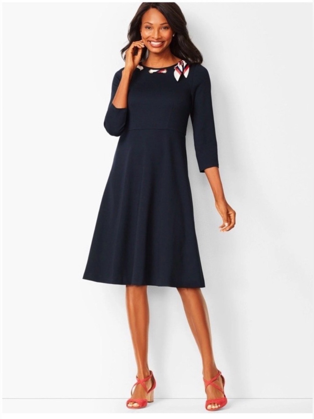 Talbots Navy A-Line Midi Dress with Red-Trim Neck